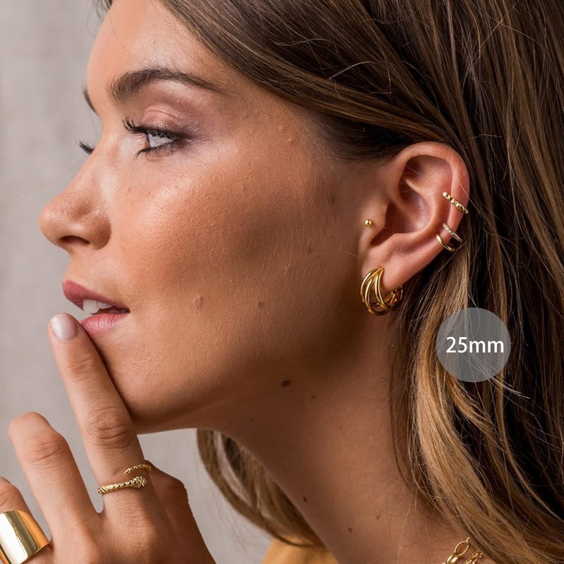 Tewiky Chunky Gold Hoop Earrings for Women, 14k Gold Plated Thick Triple Hoop Earrings Hypoallergenic Trendy Chunky Gold Hoops Earrings Dainty Jewelry Gifts for Women - Image 2